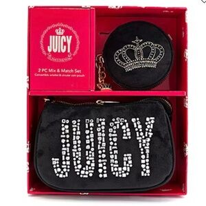 Juicy by Juicy Couture Black Velour Rhinestone Logo Pouch & Crown Coin Purse Set